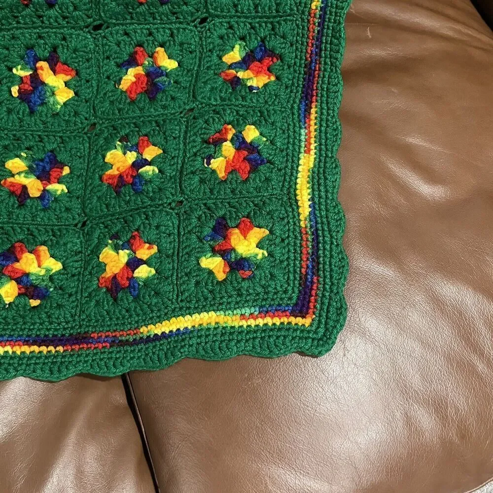 Vintage Rainbow Granny Square Thick Afghan Blanket Crochet 59
